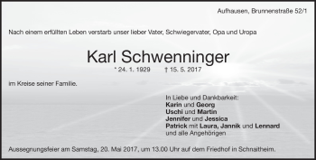 Traueranzeige von Karl Schwenninger von Heidenheimer Zeitung