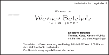Traueranzeige von Werner Betzholz von Heidenheimer Zeitung