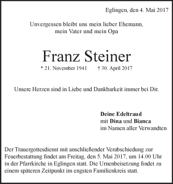 Traueranzeige von Franz Steiner von Heidenheimer Zeitung