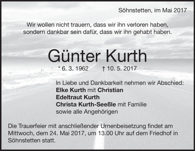  Traueranzeige für Günter Kurth vom 20.05.2017 aus Heidenheimer Zeitung