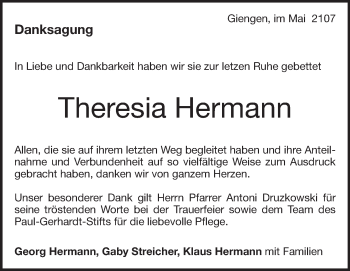 Traueranzeige von Theresia Hermann 