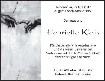 Traueranzeige von Henriette Klein von Heidenheimer Zeitung