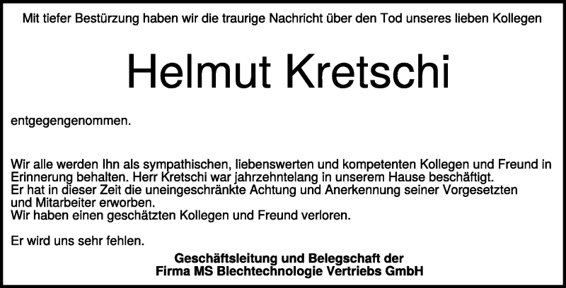  Traueranzeige für Helmut Kretschi vom 20.05.2017 aus Heidenheimer Zeitung