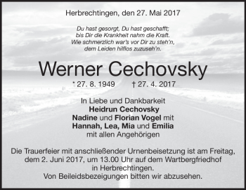 Traueranzeige von Werner Cechovsky von Heidenheimer Zeitung