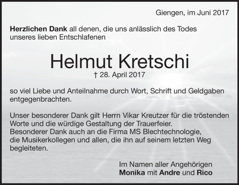  Traueranzeige für Helmut Kretschi vom 30.05.2017 aus Heidenheimer Zeitung