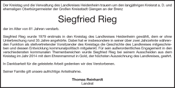 Traueranzeige von Siegfried Rieg von Heidenheimer Zeitung
