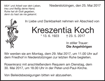 Traueranzeige von Kreszentia Koch von Heidenheimer Zeitung