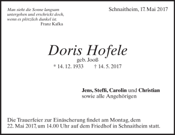 Traueranzeige von Doris Hofele von Heidenheimer Zeitung