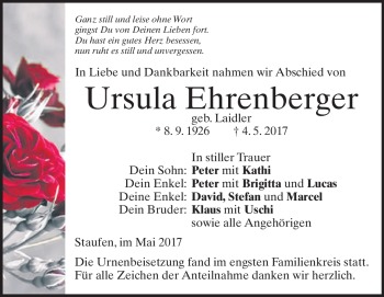 Traueranzeige von Ursula Ehrenberger von Heidenheimer Zeitung