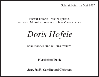 Traueranzeige von Doris Hofele von Heidenheimer Zeitung