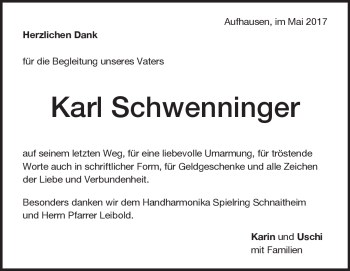 Traueranzeige von Karl Schwenninger von Heidenheimer Zeitung