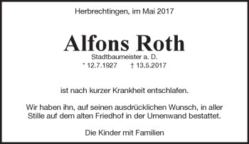 Traueranzeige von Alfons Roth von Heidenheimer Zeitung