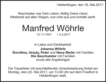 Traueranzeige von Manfred Wöhrle von Heidenheimer Zeitung