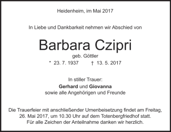 Traueranzeige von Barbara Czipri von Heidenheimer Zeitung