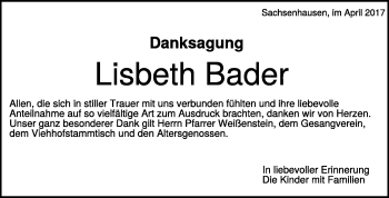 Traueranzeige von Lisbeth Bader von Heidenheimer Zeitung