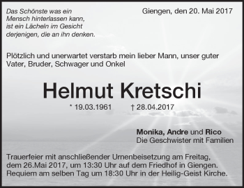 Traueranzeige von Helmut Kretschi von Heidenheimer Zeitung