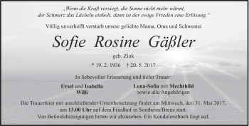 Traueranzeige von Sofie Gäßler von Heidenheimer Zeitung