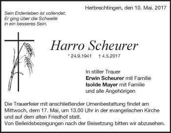 Traueranzeige von Harro Scheurer von Heidenheimer Zeitung
