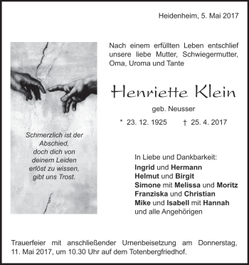 Traueranzeige von Henriette Klein von Heidenheimer Zeitung