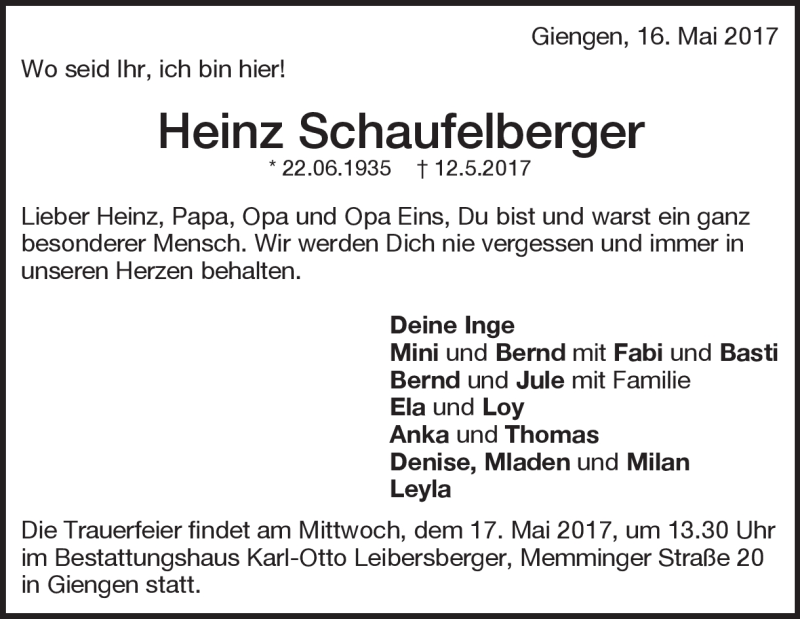  Traueranzeige für Heinz Schaufelberger vom 16.05.2017 aus Heidenheimer Zeitung