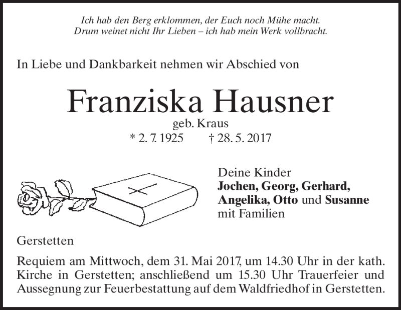  Traueranzeige für Franziska Hausner vom 30.05.2017 aus Heidenheimer Zeitung