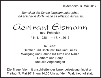 Traueranzeige von Gertraut Eismann von Heidenheimer Zeitung