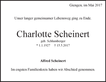 Traueranzeige von Charlotte Scheinert von Heidenheimer Zeitung