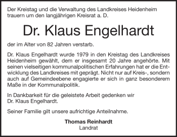Traueranzeige von Klaus Engelhardt von Heidenheimer Zeitung