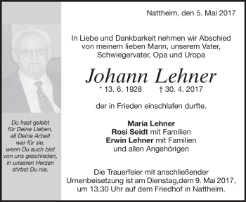 Traueranzeige von Johann Lehner von Heidenheimer Zeitung