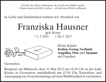 Traueranzeige von Franziska Hausner von Heidenheimer Zeitung