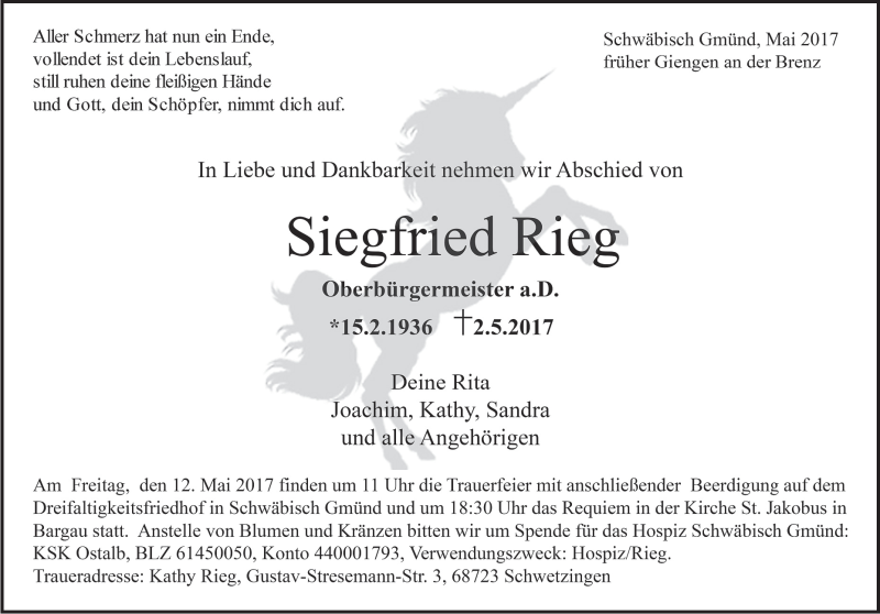 Traueranzeige für Siegfried Rieg vom 06.05.2017 aus Heidenheimer Zeitung