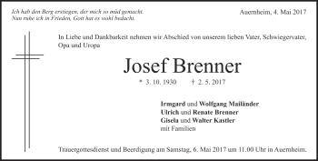 Traueranzeige von Josef Brenner von Heidenheimer Zeitung