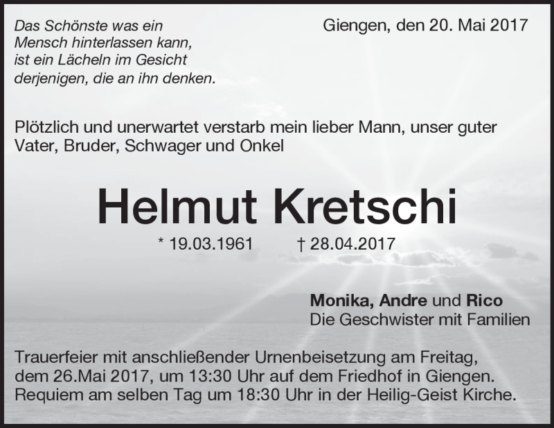  Traueranzeige für Helmut Kretschi vom 20.05.2017 aus Heidenheimer Zeitung