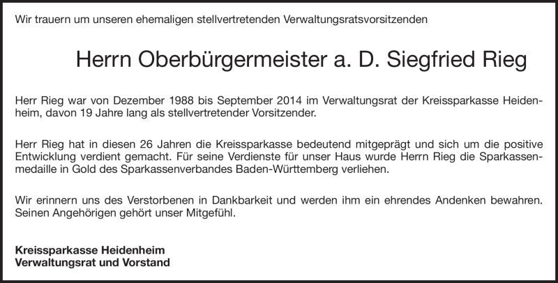  Traueranzeige für Siegfried Rieg vom 06.05.2017 aus Heidenheimer Zeitung