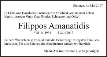 Traueranzeige von Filippos Amanatidis von Heidenheimer Zeitung