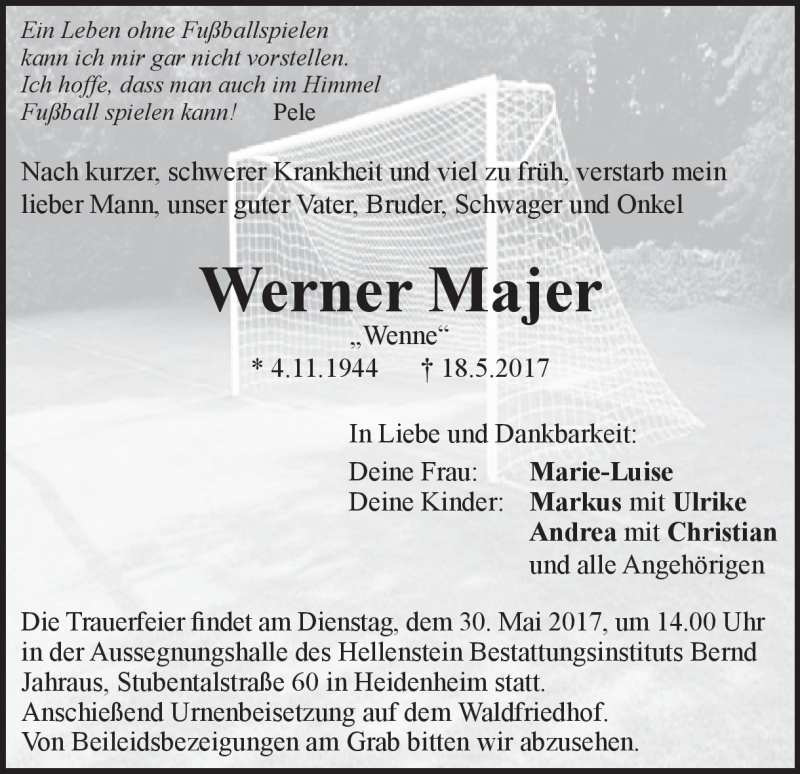  Traueranzeige für Werner Majer vom 26.05.2017 aus Heidenheimer Zeitung