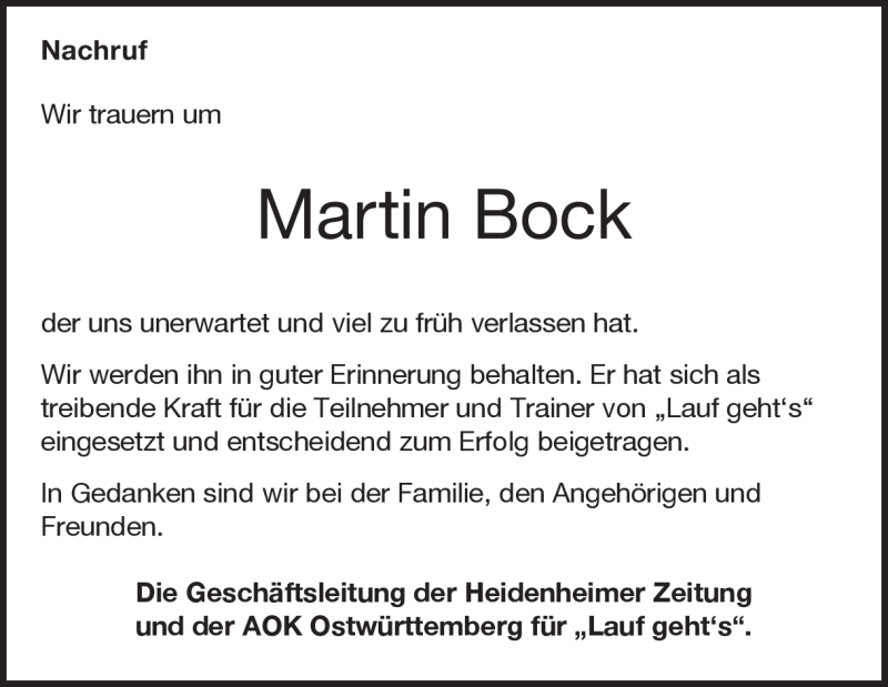  Traueranzeige für Martin Bock vom 24.05.2017 aus Heidenheimer Zeitung