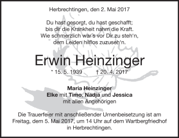 Traueranzeige von Erwin Heinzinger von Heidenheimer Zeitung