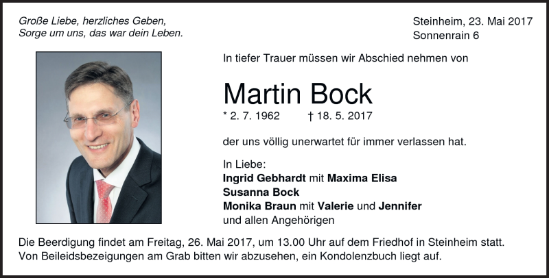  Traueranzeige für Martin Bock vom 23.05.2017 aus Heidenheimer Zeitung