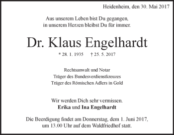 Traueranzeige von Dr. Klaus Engelhardt von Heidenheimer Zeitung