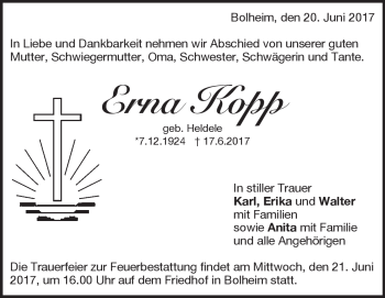Traueranzeige von Erna  Kopp von Heidenheimer Zeitung