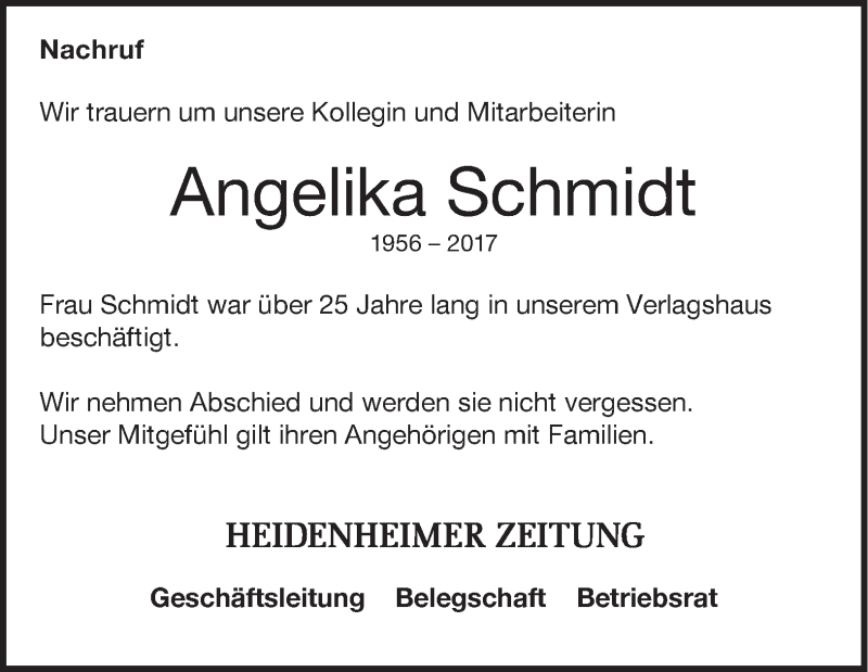  Traueranzeige für Angelika Schmidt vom 08.06.2017 aus Heidenheimer Zeitung