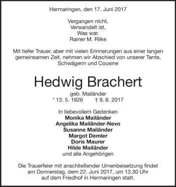 Traueranzeige von Hedwig Brachert von Heidenheimer Zeitung