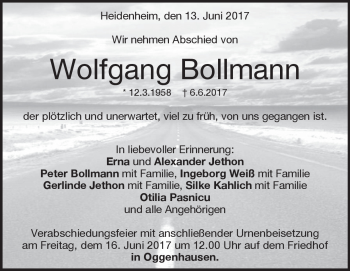 Traueranzeige von Wolfgang Bollmann von Heidenheimer Zeitung