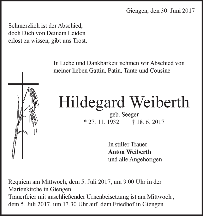 Traueranzeige für Hildegard Weiberth vom 30.06.2017 aus Heidenheimer Zeitung