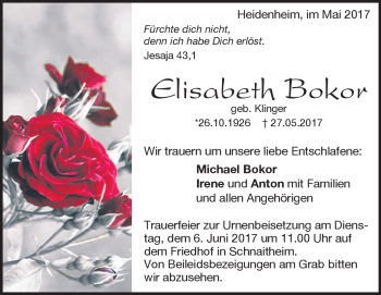 Traueranzeige von Elisabeth Bokor von Heidenheimer Zeitung