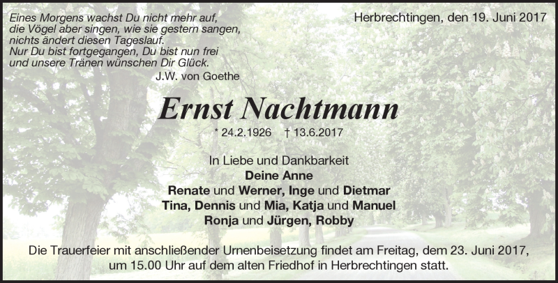  Traueranzeige für Ernst Nachtmann vom 19.06.2017 aus Heidenheimer Zeitung