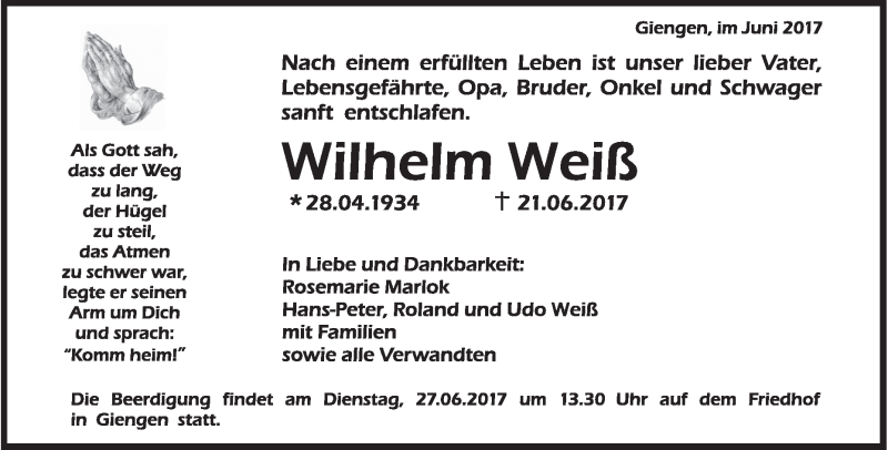  Traueranzeige für Wilhelm Weiß vom 24.06.2017 aus Heidenheimer Zeitung