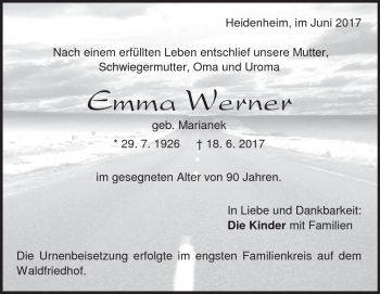 Traueranzeige von Emma Werner von Heidenheimer Zeitung