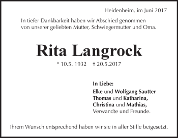 Traueranzeige von Rita Langrock von Heidenheimer Zeitung